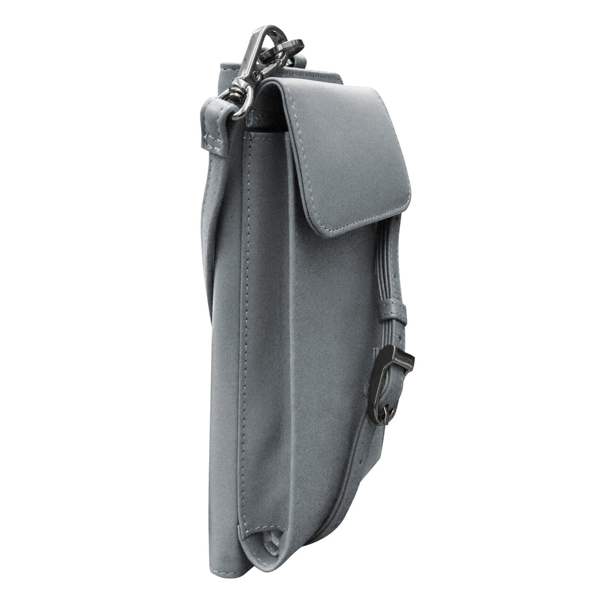 Gray leather crossbody bag on a white background