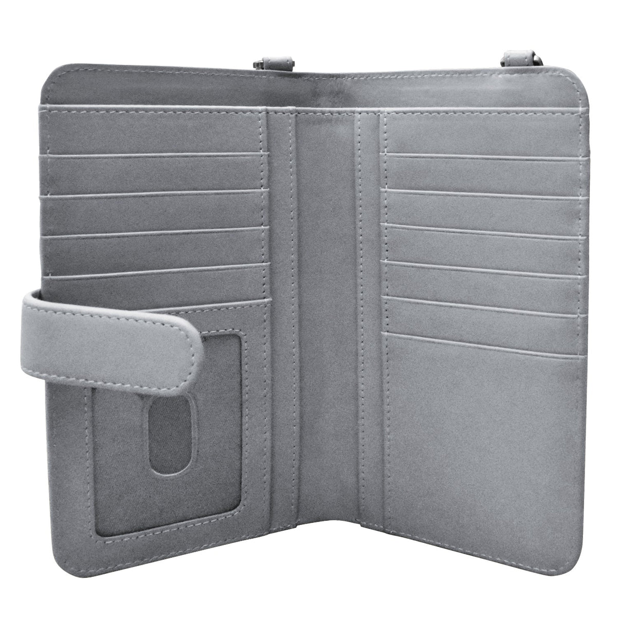 Gray wallet with multiple card slots on a white background