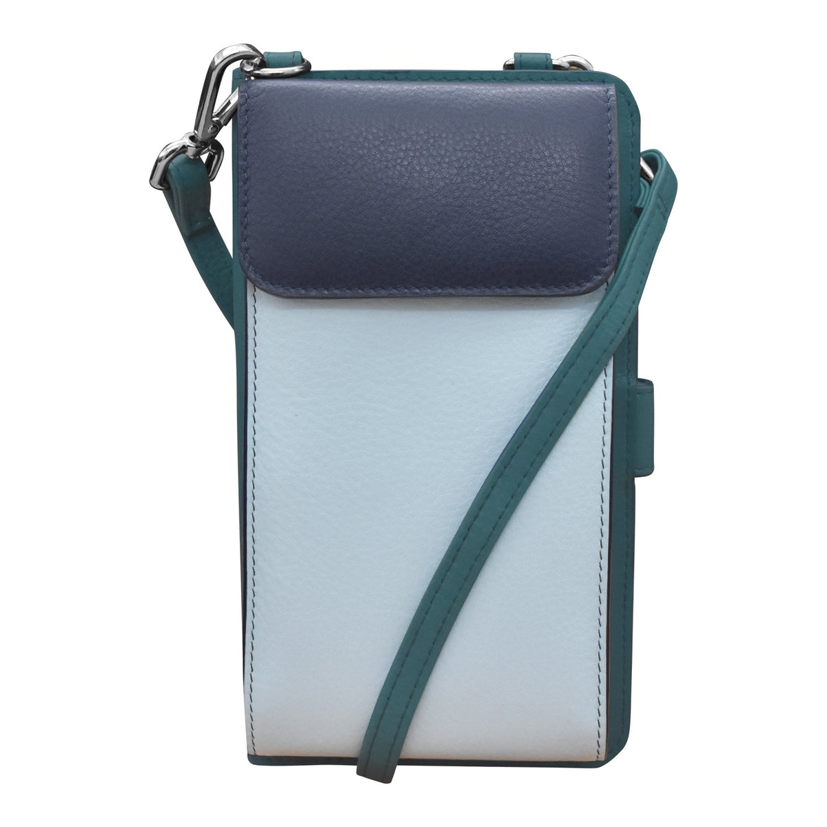 Crossbody bag with blue top section and white bottom section on a white background