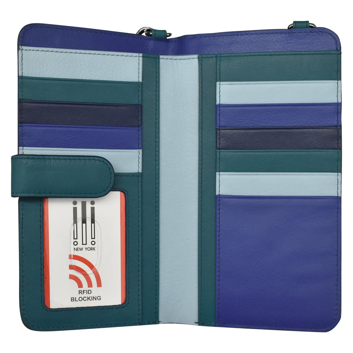 Striped wallet with RFID blocking label on a white background