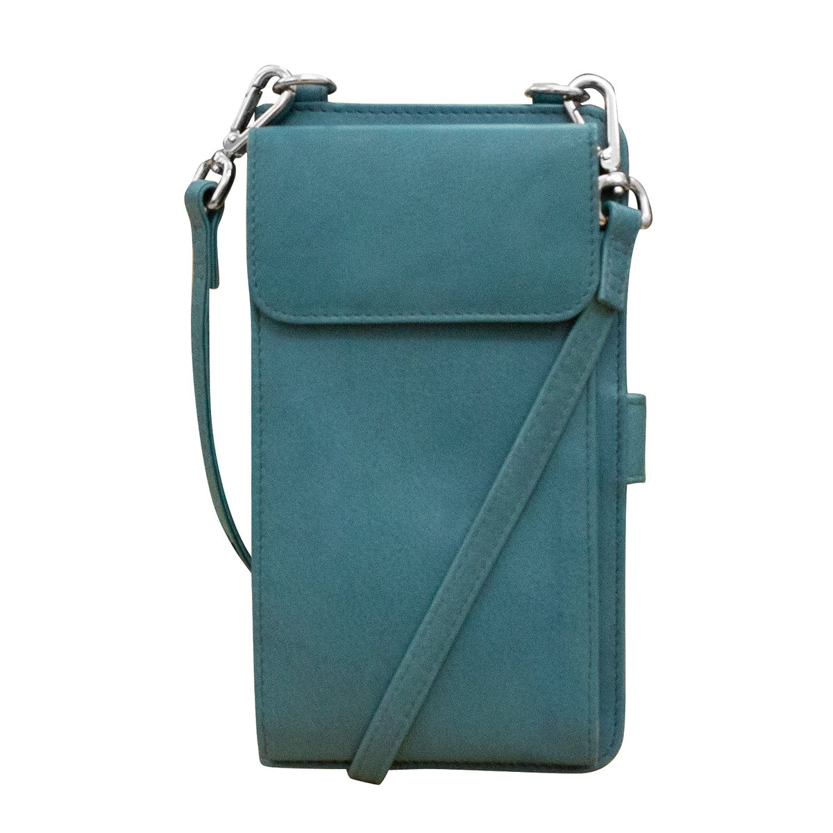 Teal crossbody bag on a white background