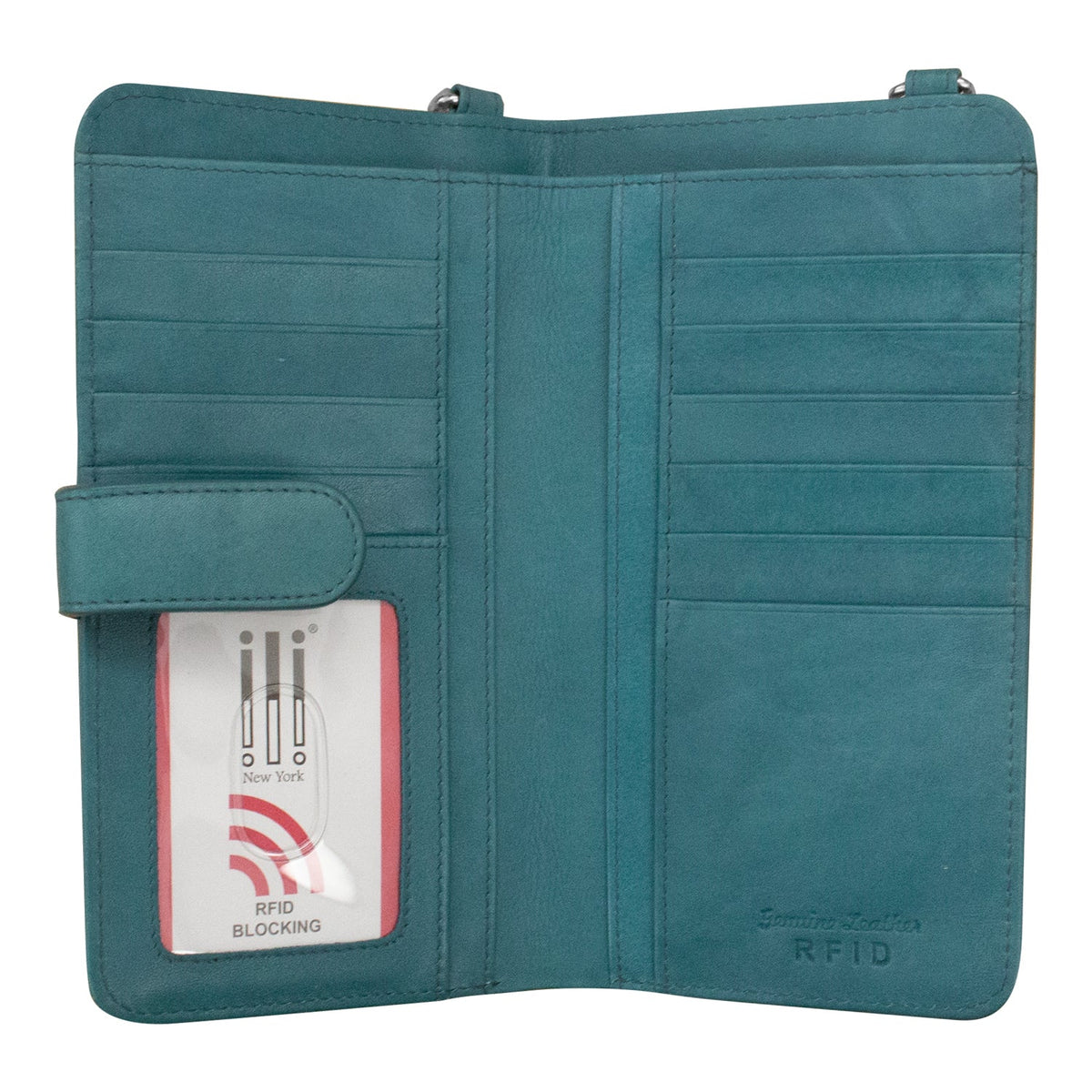 Teal wallet with an RFID blocking label on a white background