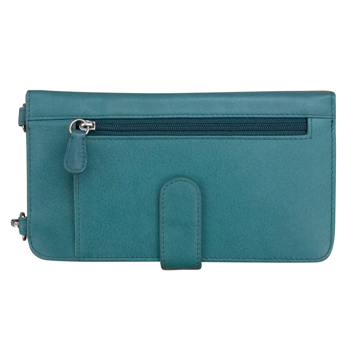 Teal clutch bag with a zipper on a white background