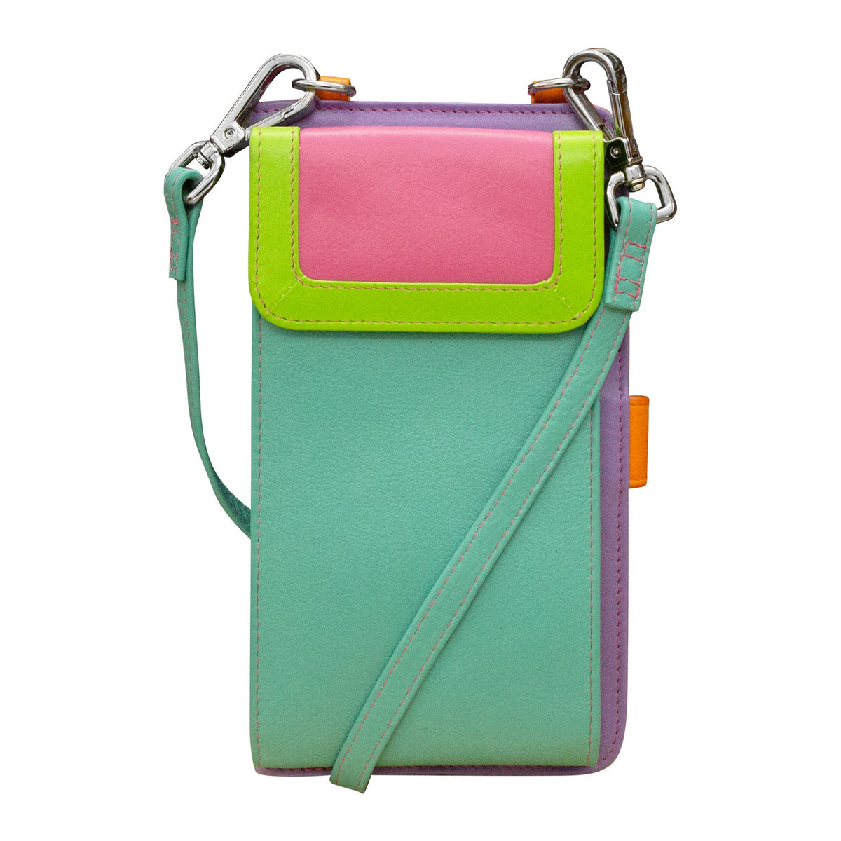Multicolored crossbody bag with pink, green, and purple sections on a white background