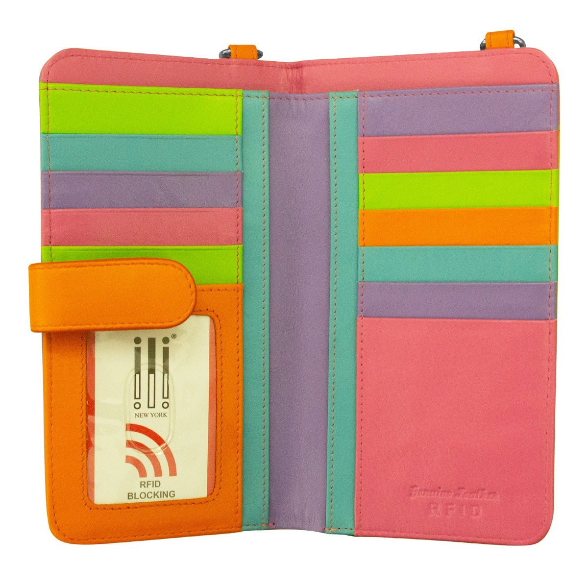 Colorful wallet with multiple card slots and an RFID blocking label on a white background