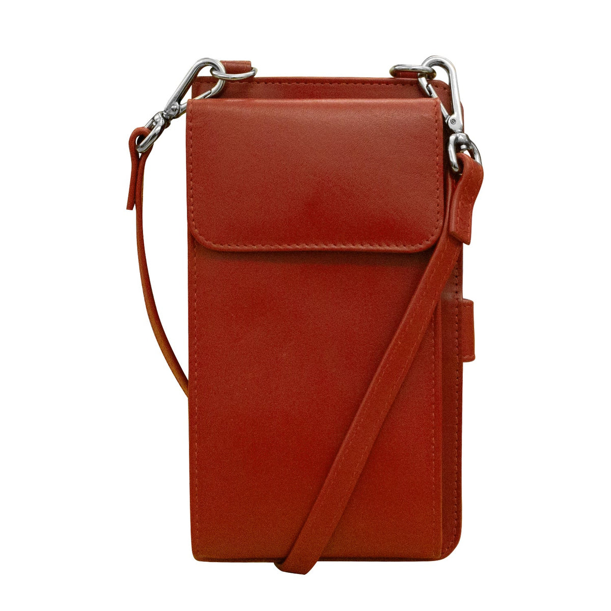 Brown leather crossbody bag with a strap on a white background