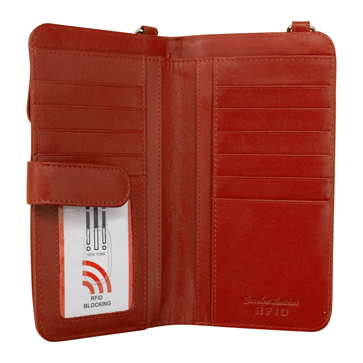 Red wallet with an RFID blocking label on a white background