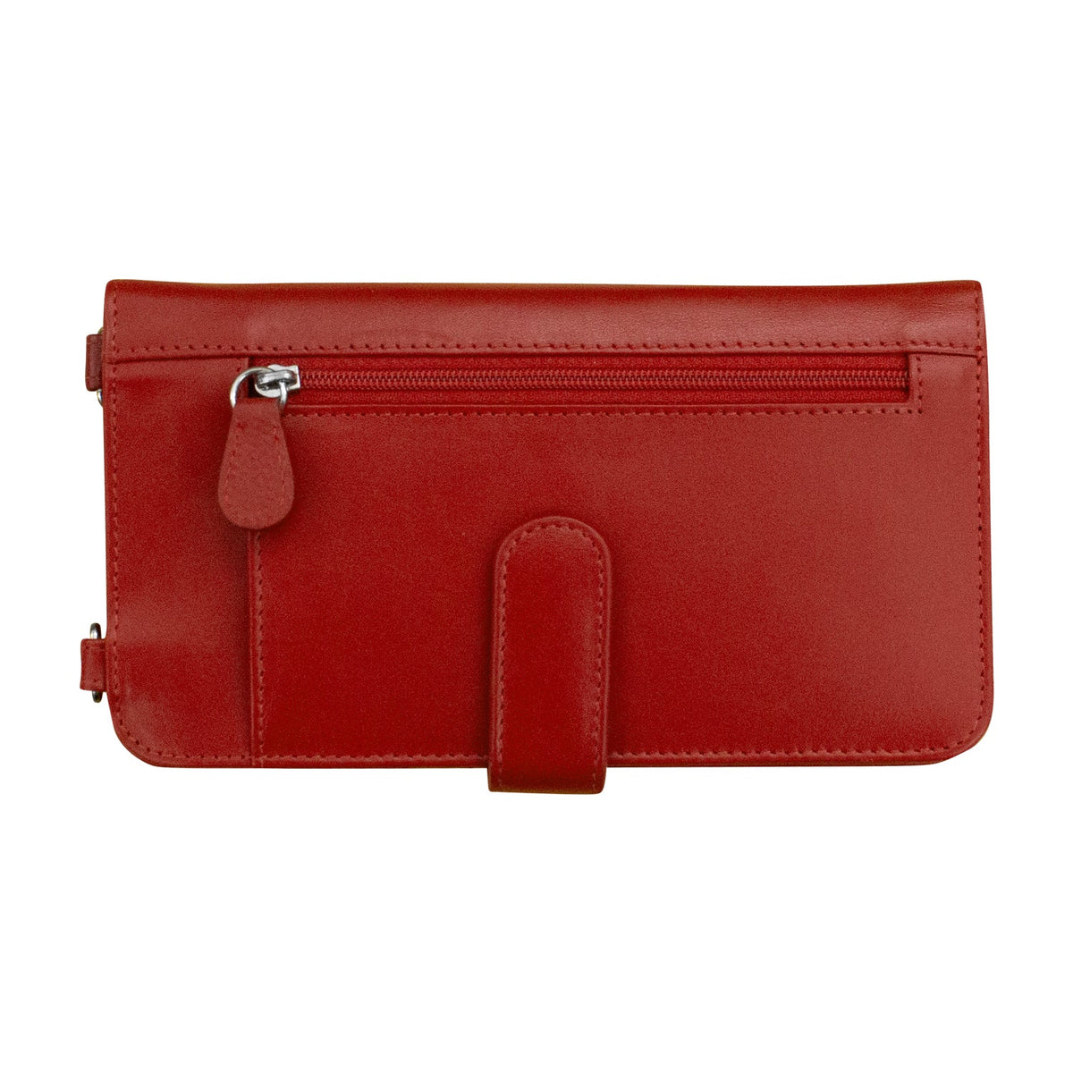 Red leather wallet with a zipper on a white background