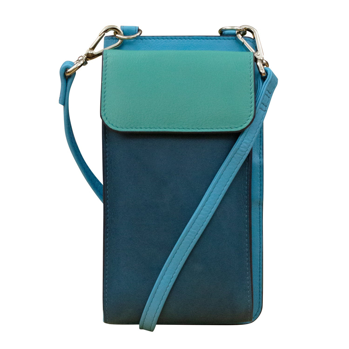 Two-tone blue crossbody bag with a white background