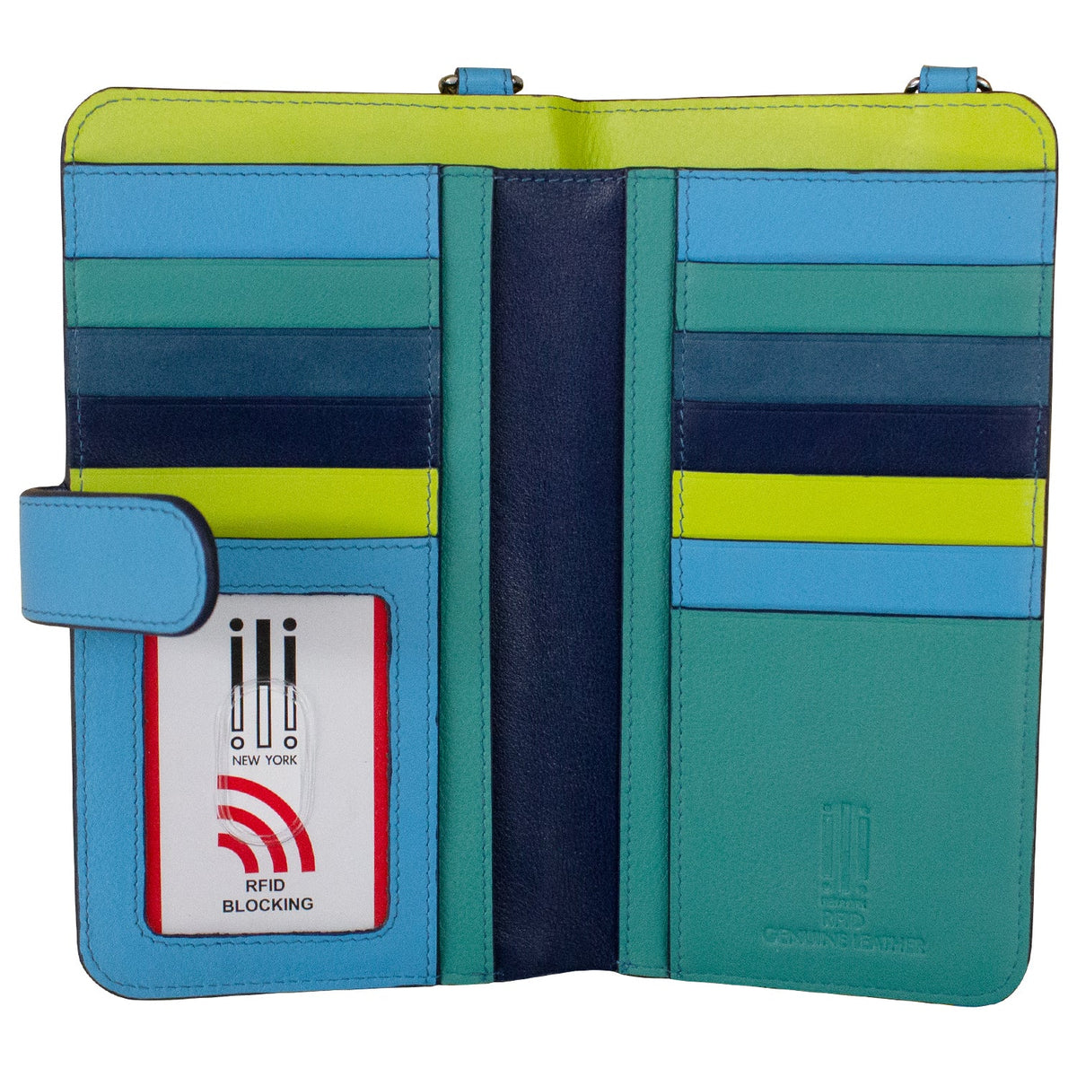 Colorful striped wallet with an RFID blocking label on a white background