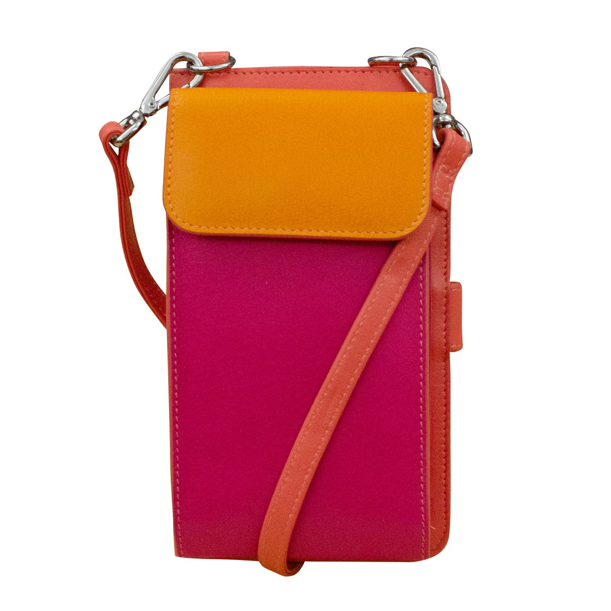 A color-blocked crossbody phone bag with a bright pink body, an orange flap, and a coral-red strap, featuring silver metal hardware on a white background.