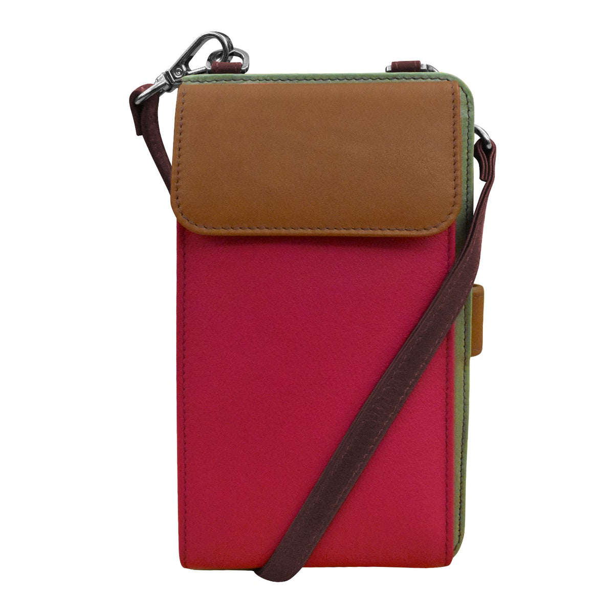 A color-blocked crossbody phone pouch with a bright pink body, a brown flap, and a green side panel, featuring a brown leather strap and silver carabiner.