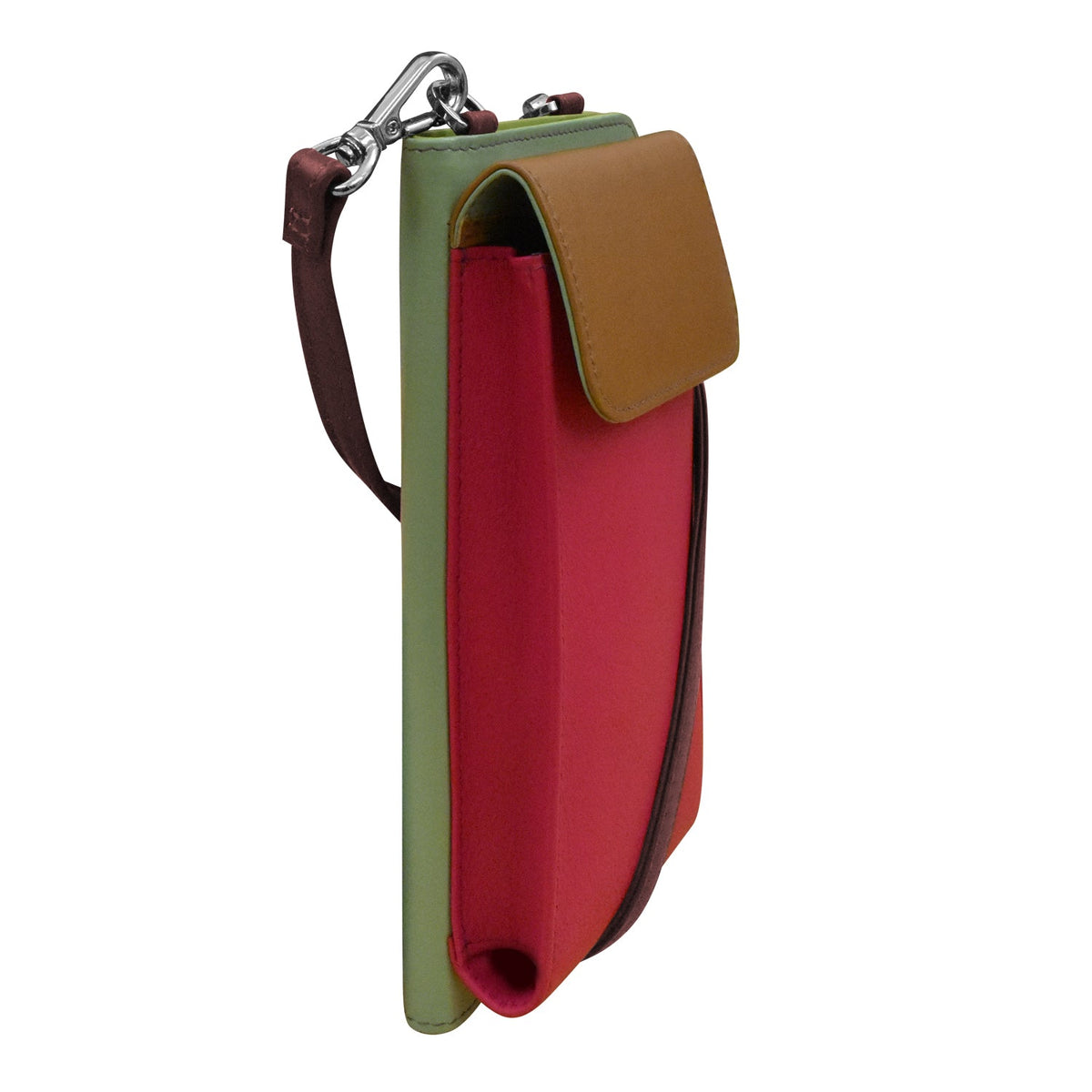 A multi-colored leather pouch with a red interior, olive green outer frame, tan flap, and dark brown strap, shown on a plain white background.
