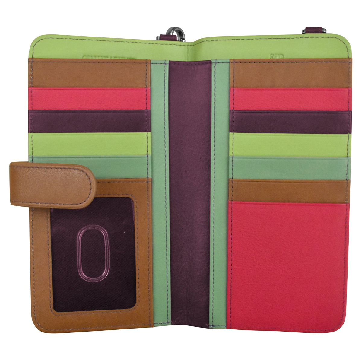 A multi-colored leather wallet or tablet sleeve shown open, featuring a patchwork design of lime green, brown, red, and dark purple panels, with multiple card slots and a clear ID window.