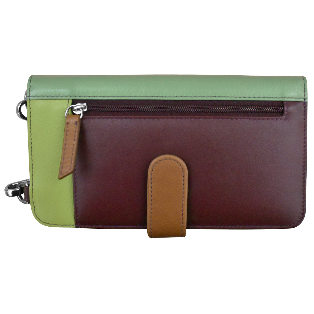 A color-blocked leather clutch wallet with a sage green top section, a dark burgundy front panel, a light green side pocket, and tan leather accents.
