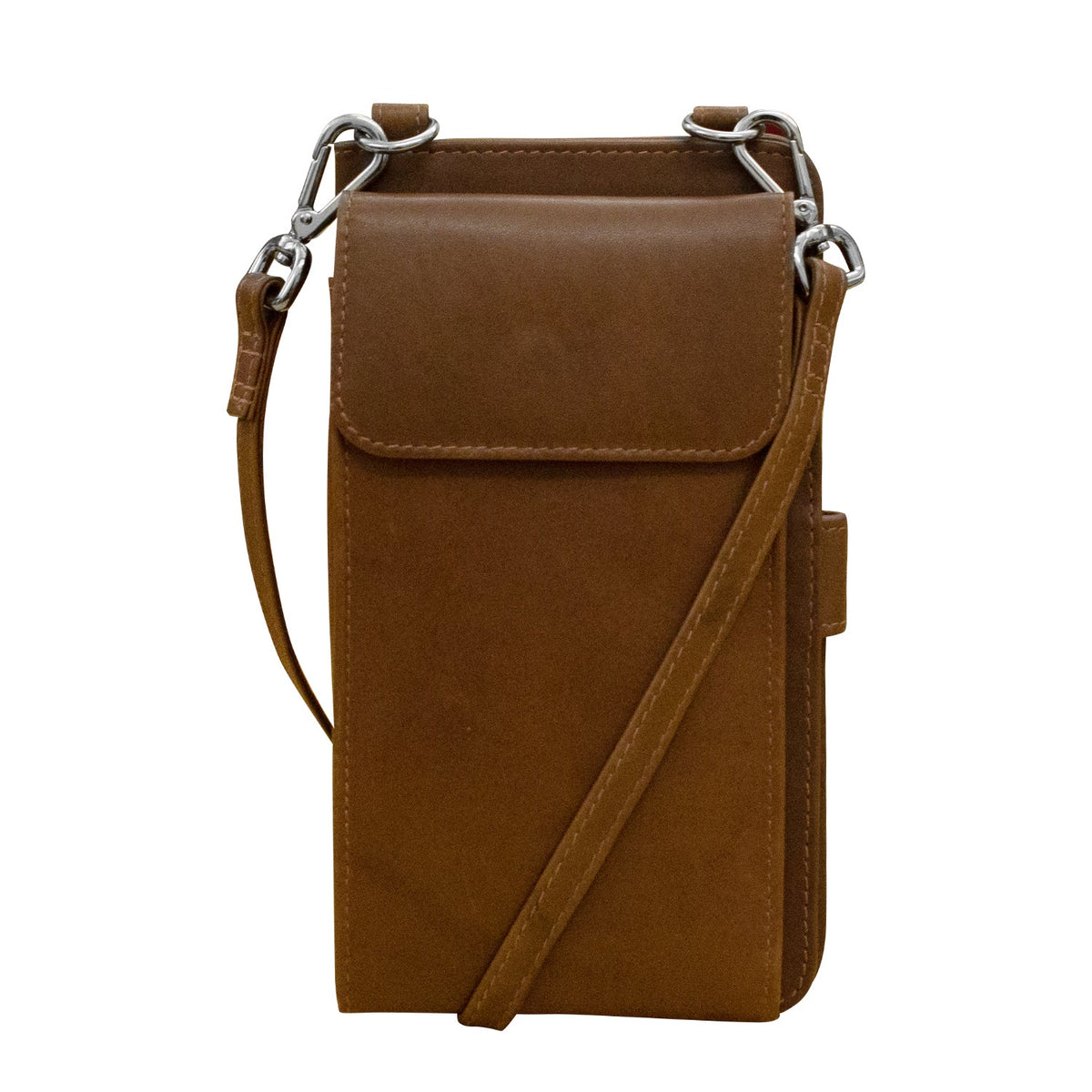 Brown leather crossbody bag on a white background