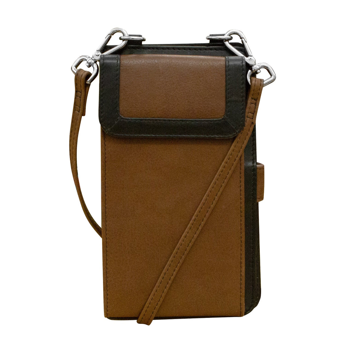 Brown crossbody bag with black accents on a white background