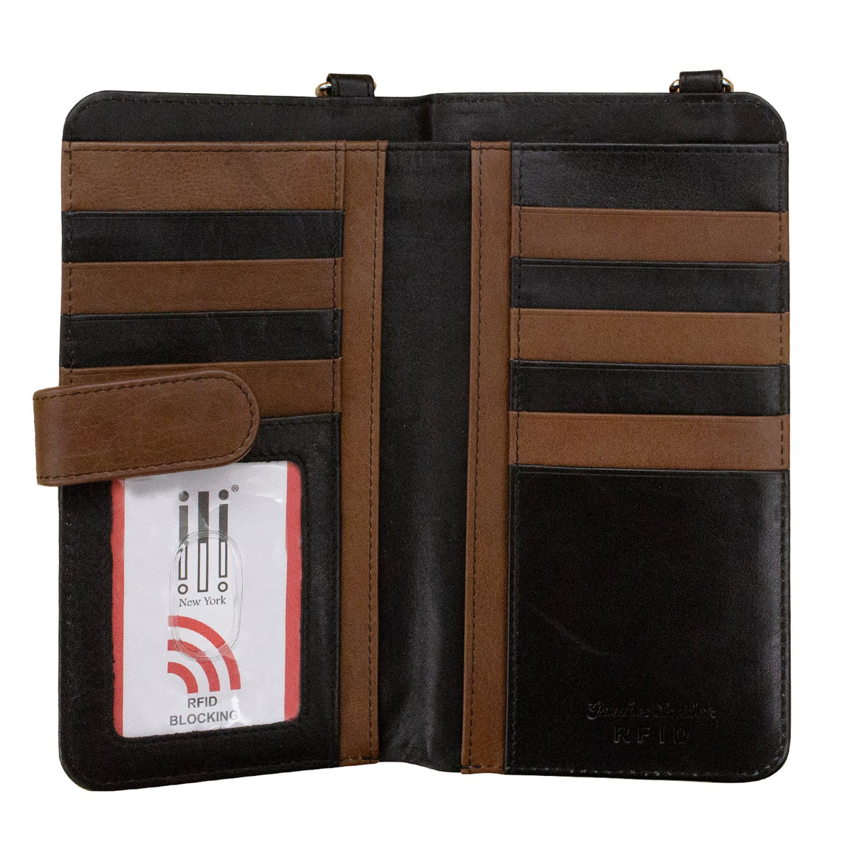 Black and brown leather wallet with an RFID blocking card pocket on a white background