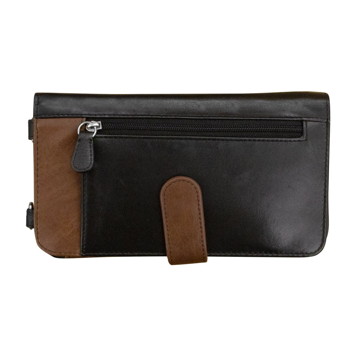 Black and brown leather clutch bag on a white background