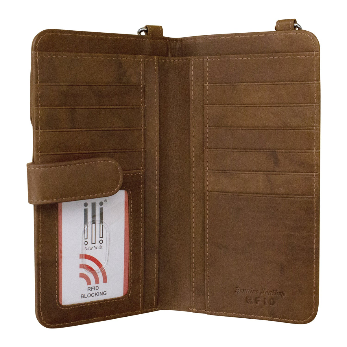Brown leather wallet with card slots and a visible 'RFID Blocking' label on a white background