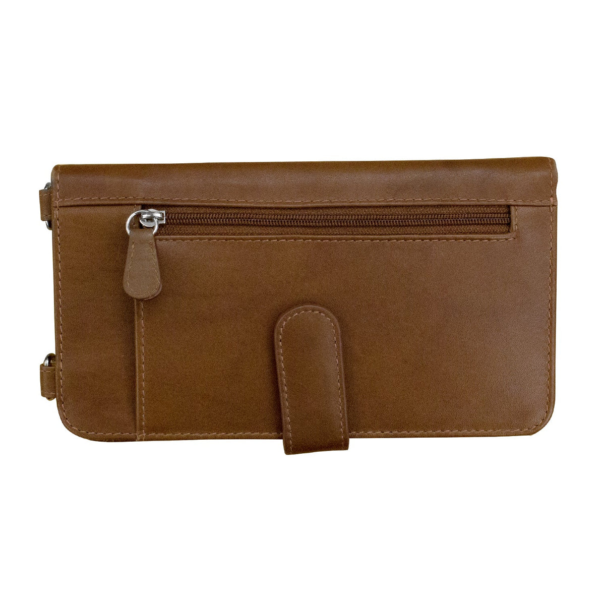 Brown leather wallet with a zipper on a white background
