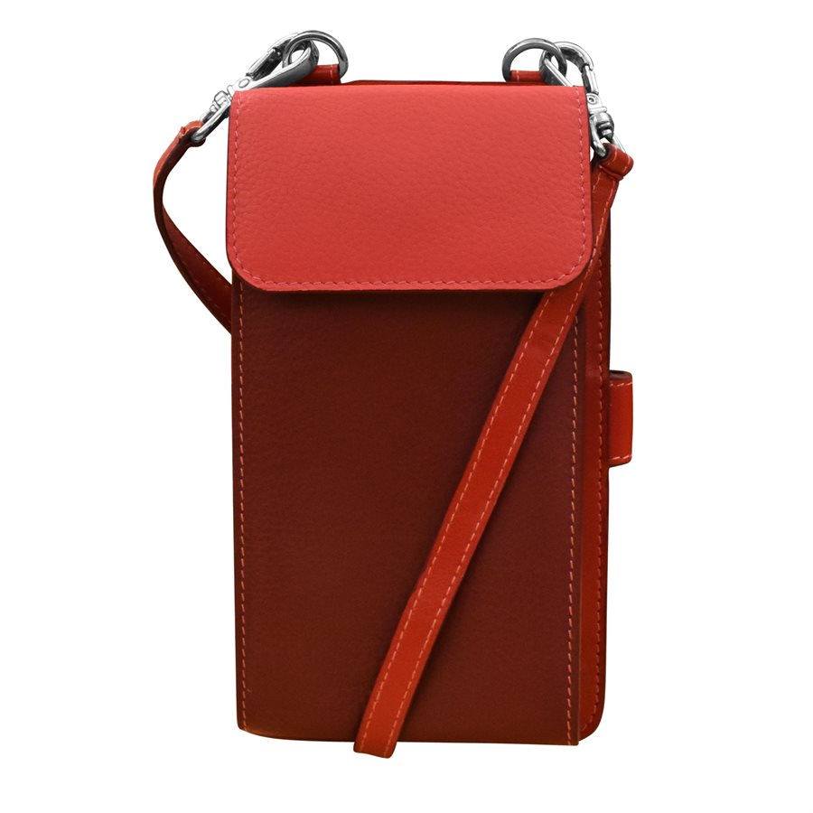 Red and brown crossbody bag on a white background