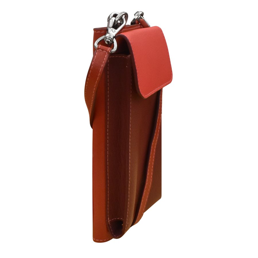 Brown leather pouch with a red flap on a white background