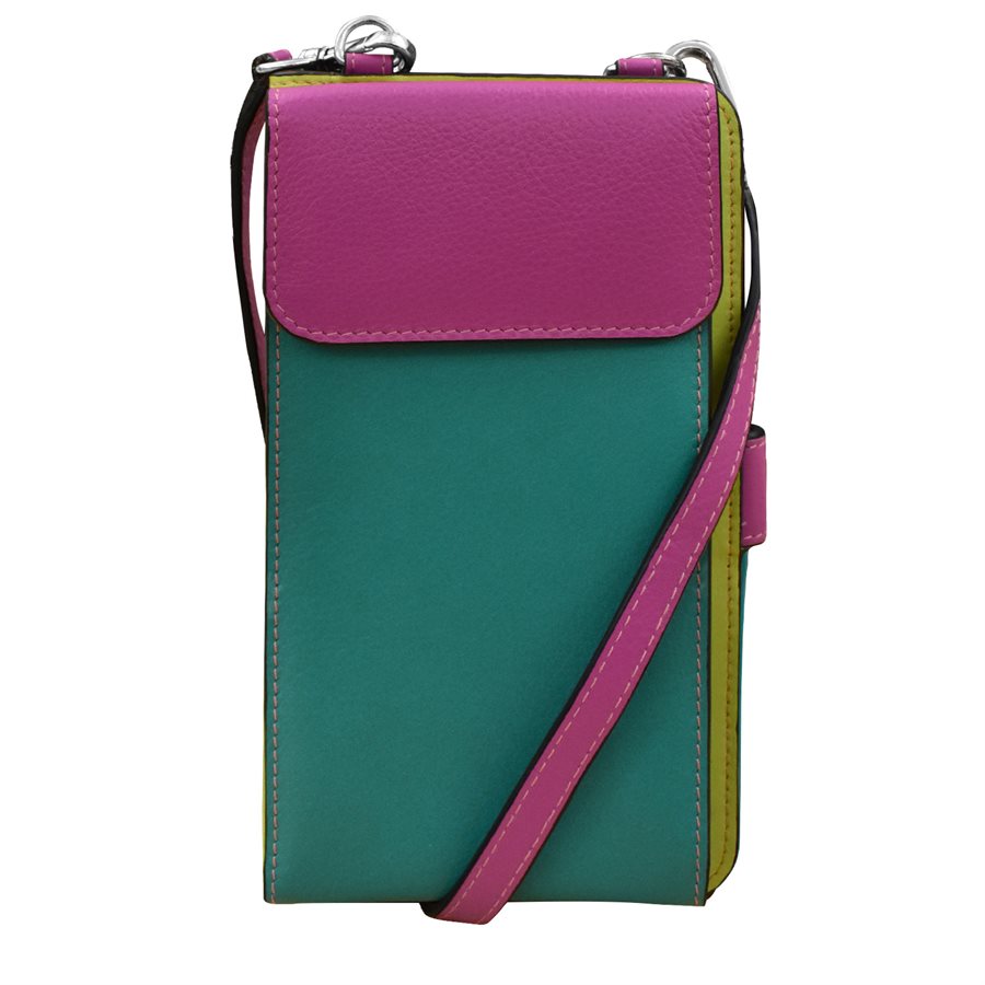 Two-tone green and purple phone crossbody bag on a white background