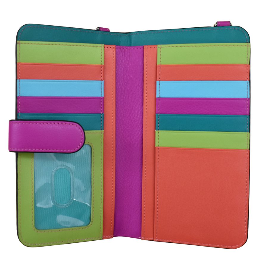 Colorful striped wallet with a clear window on a white background