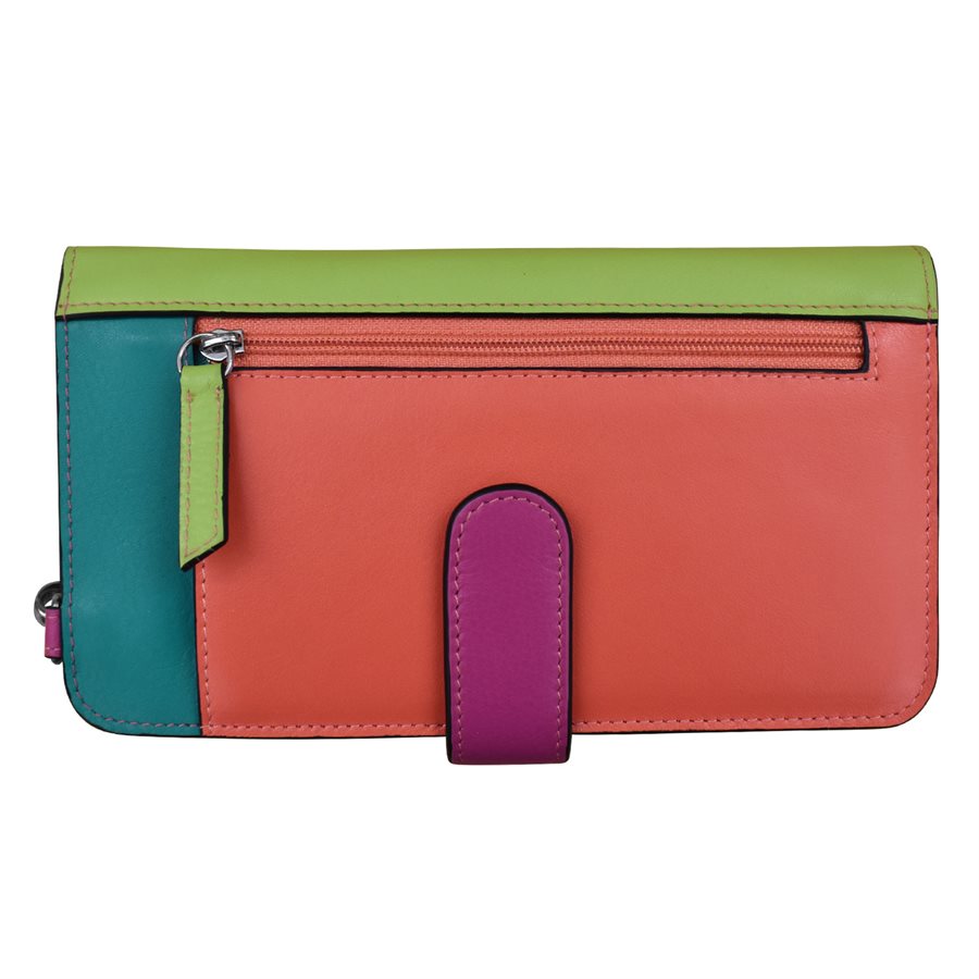 Colorful wallet with green, orange, and purple sections on a white background
