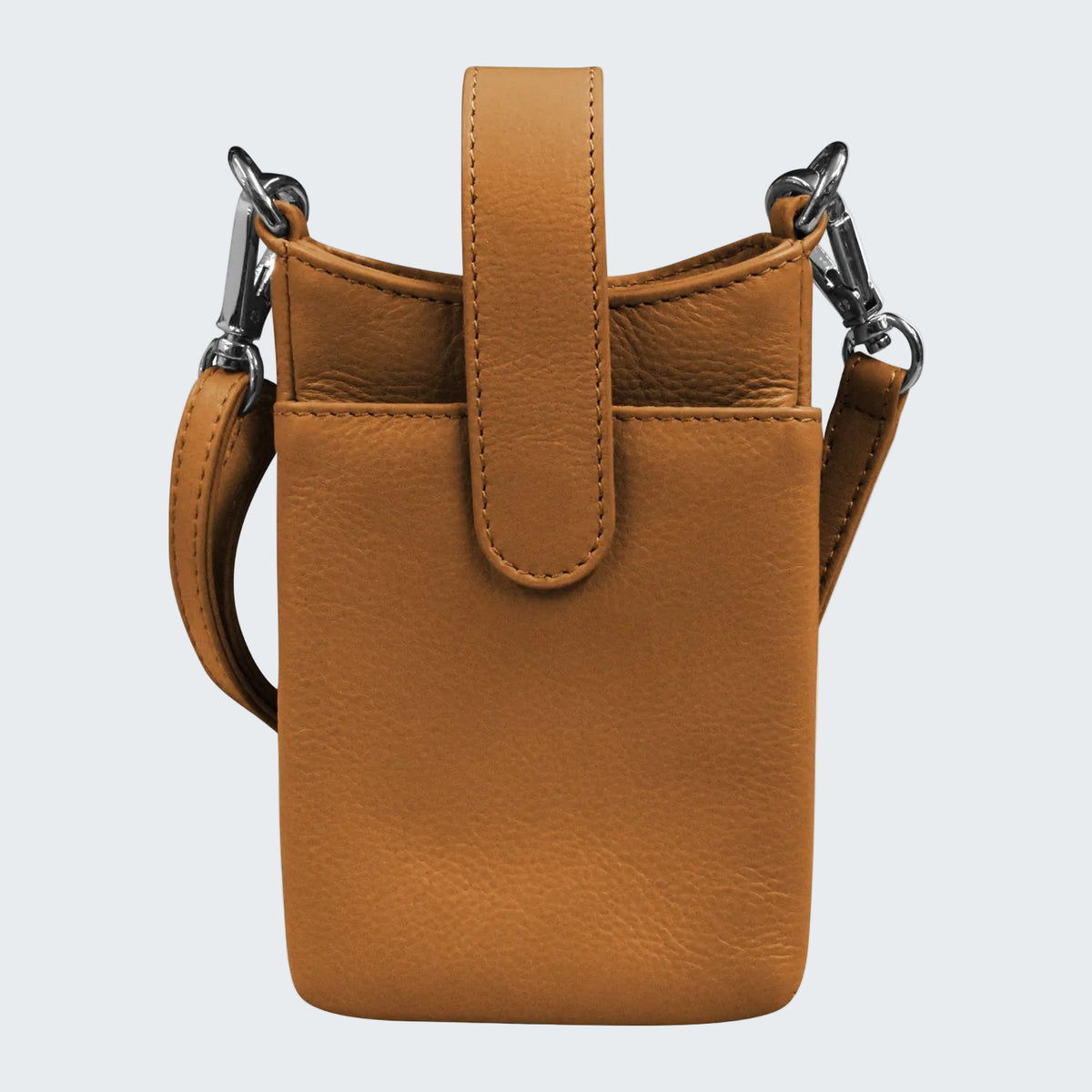 Brown leather pouch with shoulder strap on a white background