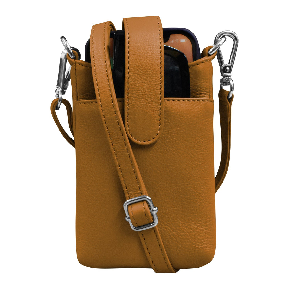 Brown leather crossbody bag with a strap on a white background