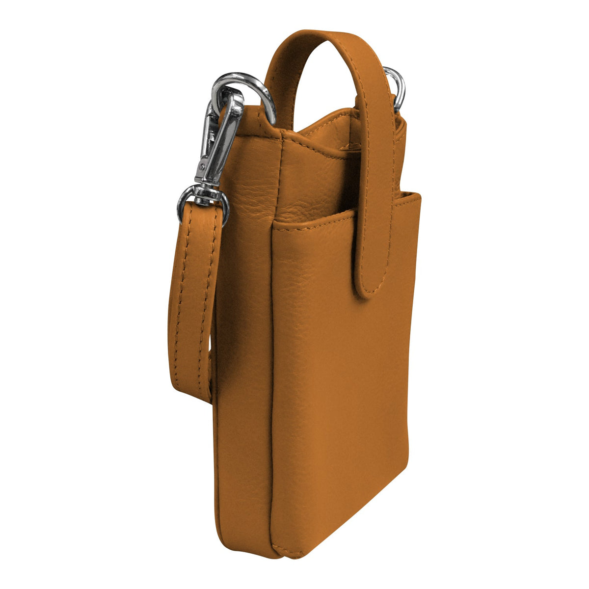 Brown leather pouch with a strap and metal clip on a white background