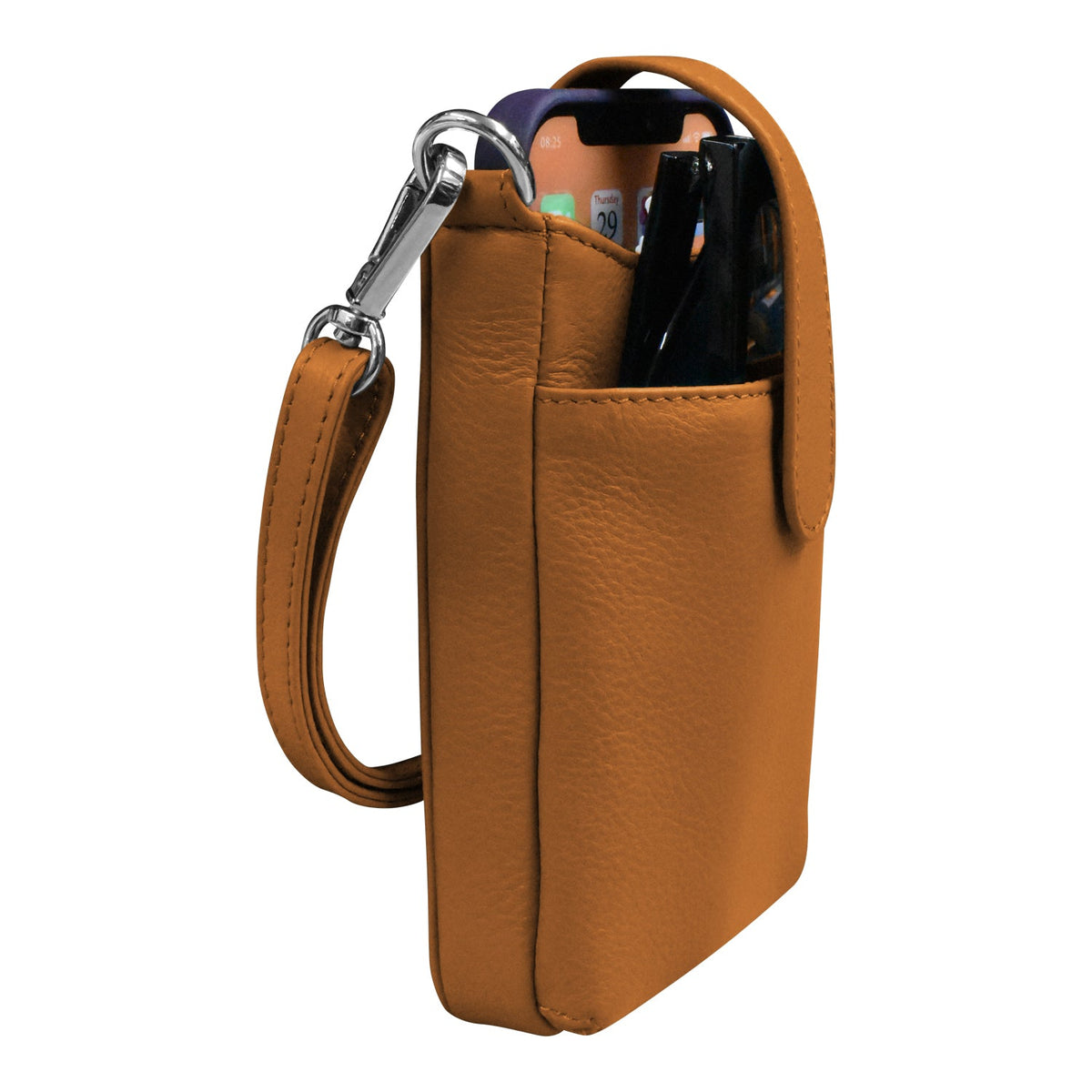 Brown leather pouch with a strap and keychain on a white background