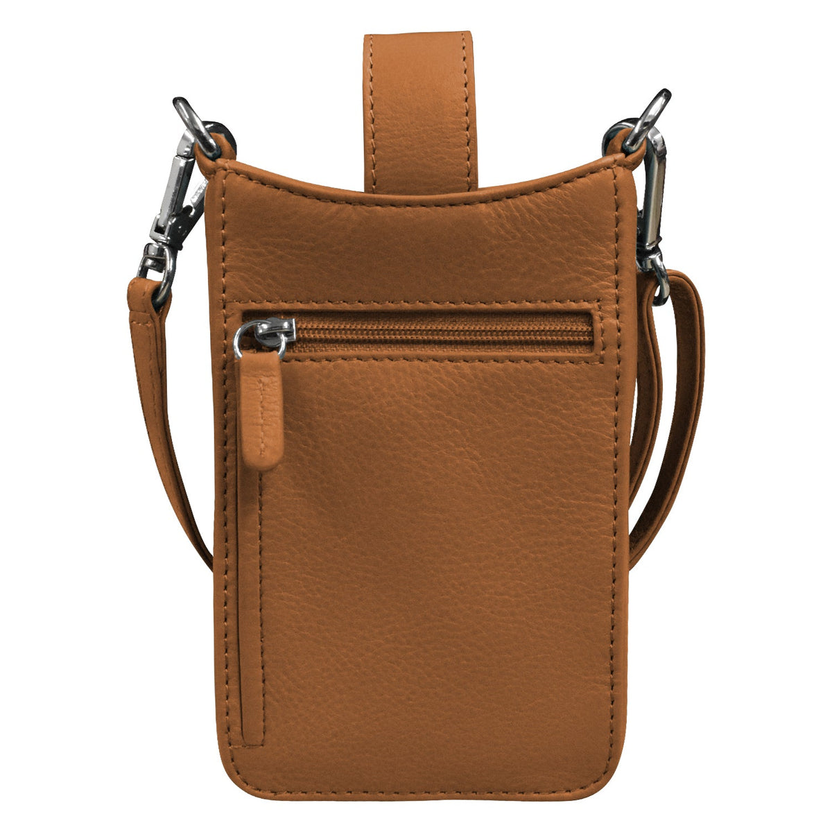Brown leather crossbody bag with a strap on a white background