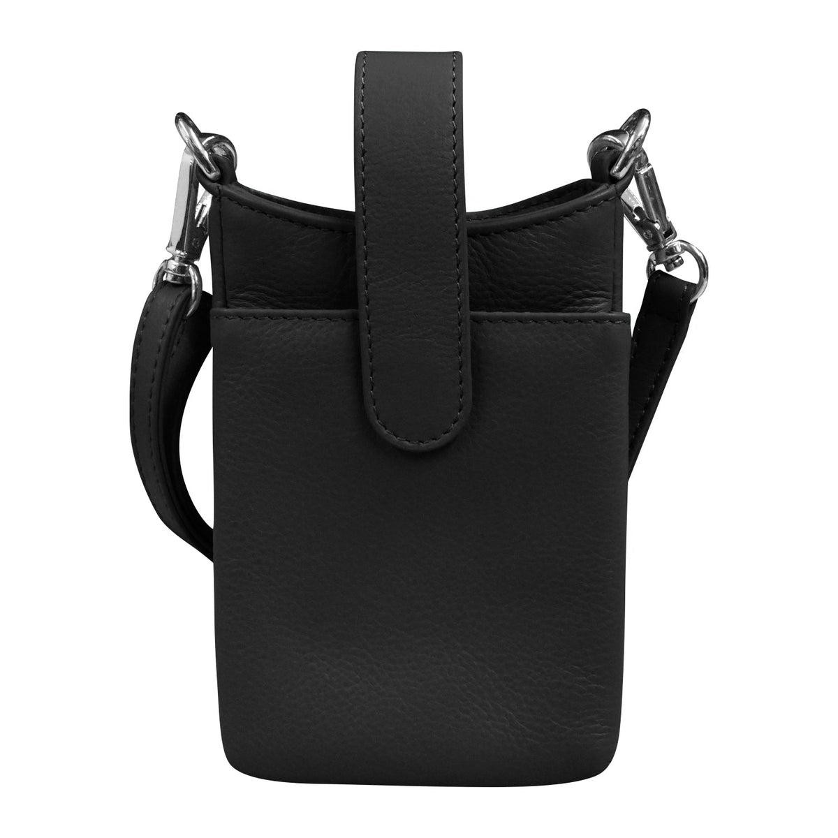 Black leather crossbody bag with shoulder strap on a white background