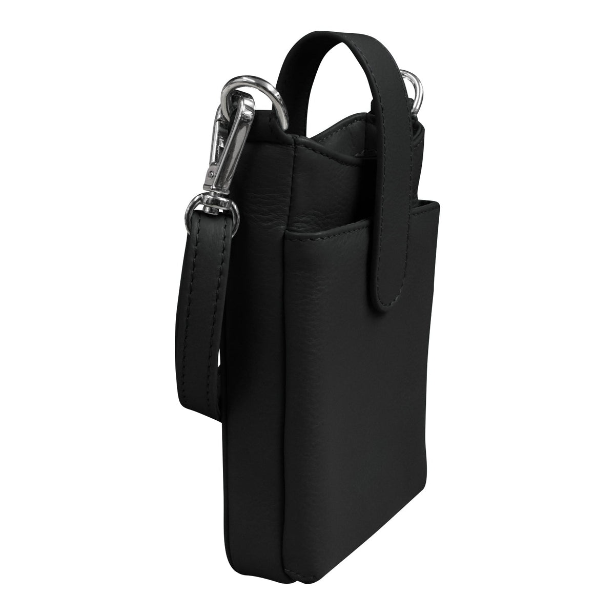 Black leather pouch with a strap and carabiner on a white background