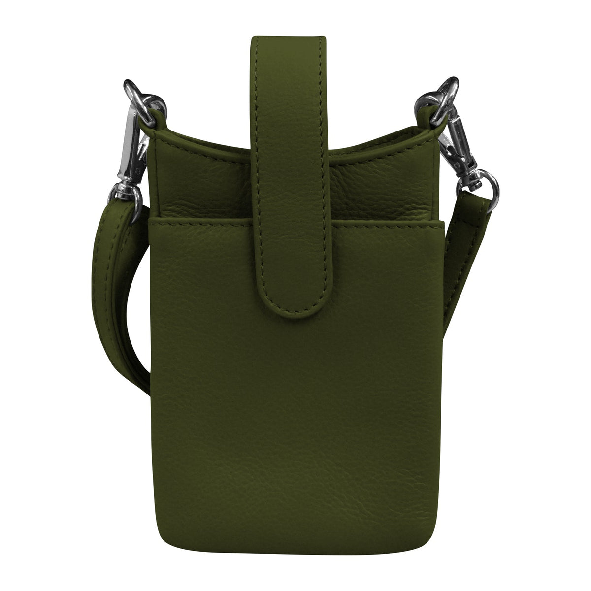 Green leather pouch with shoulder strap on a white background