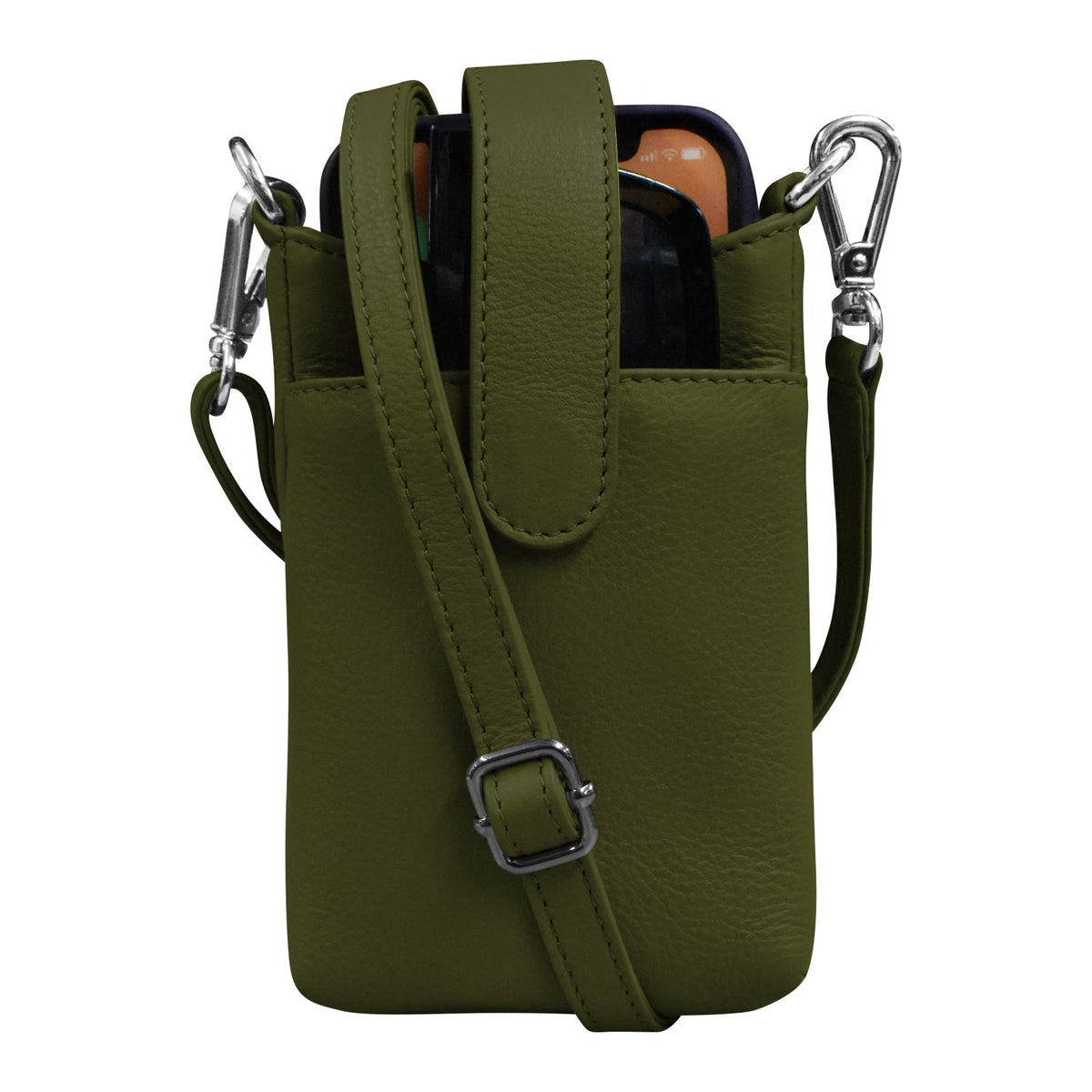 Green crossbody bag with a strap on a white background