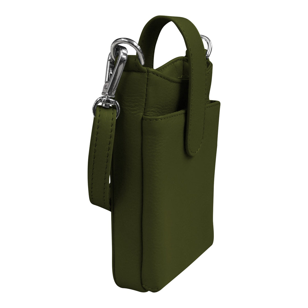 Green leather pouch with a carabiner on a white background