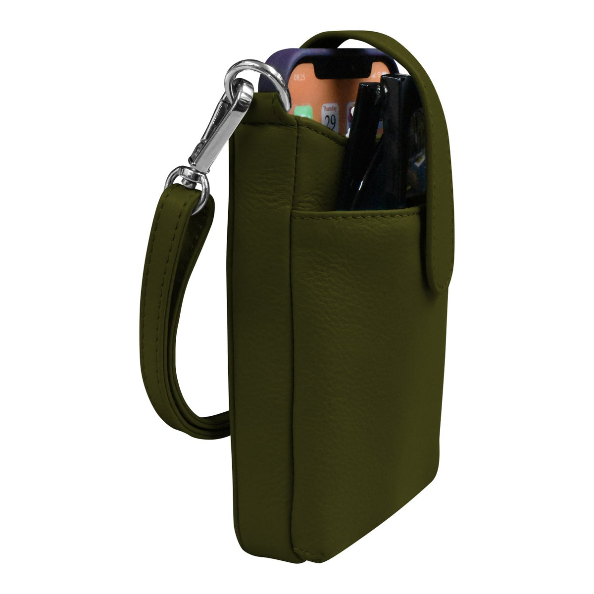 Green leather pouch with carabiner on a white background