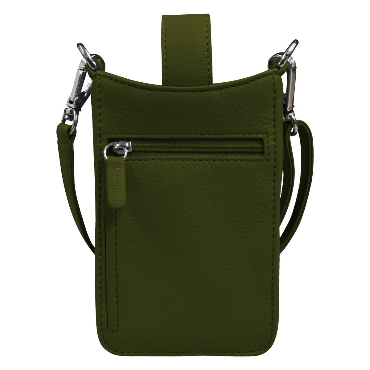 Green crossbody bag with a strap on a white background