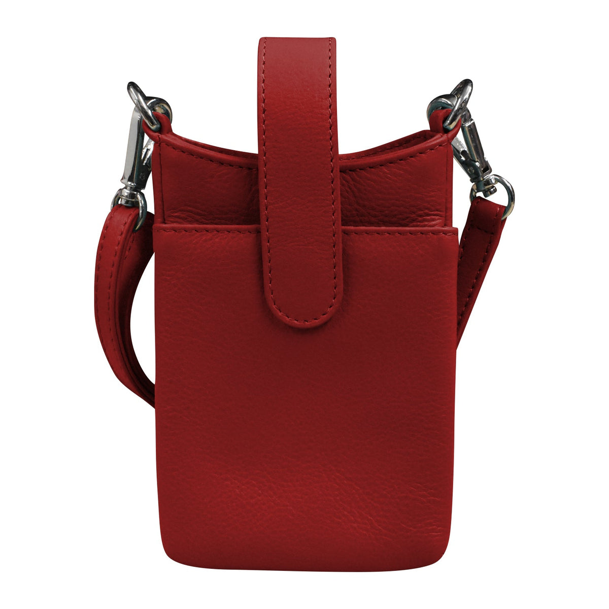 Red leather pouch with a strap on a white background