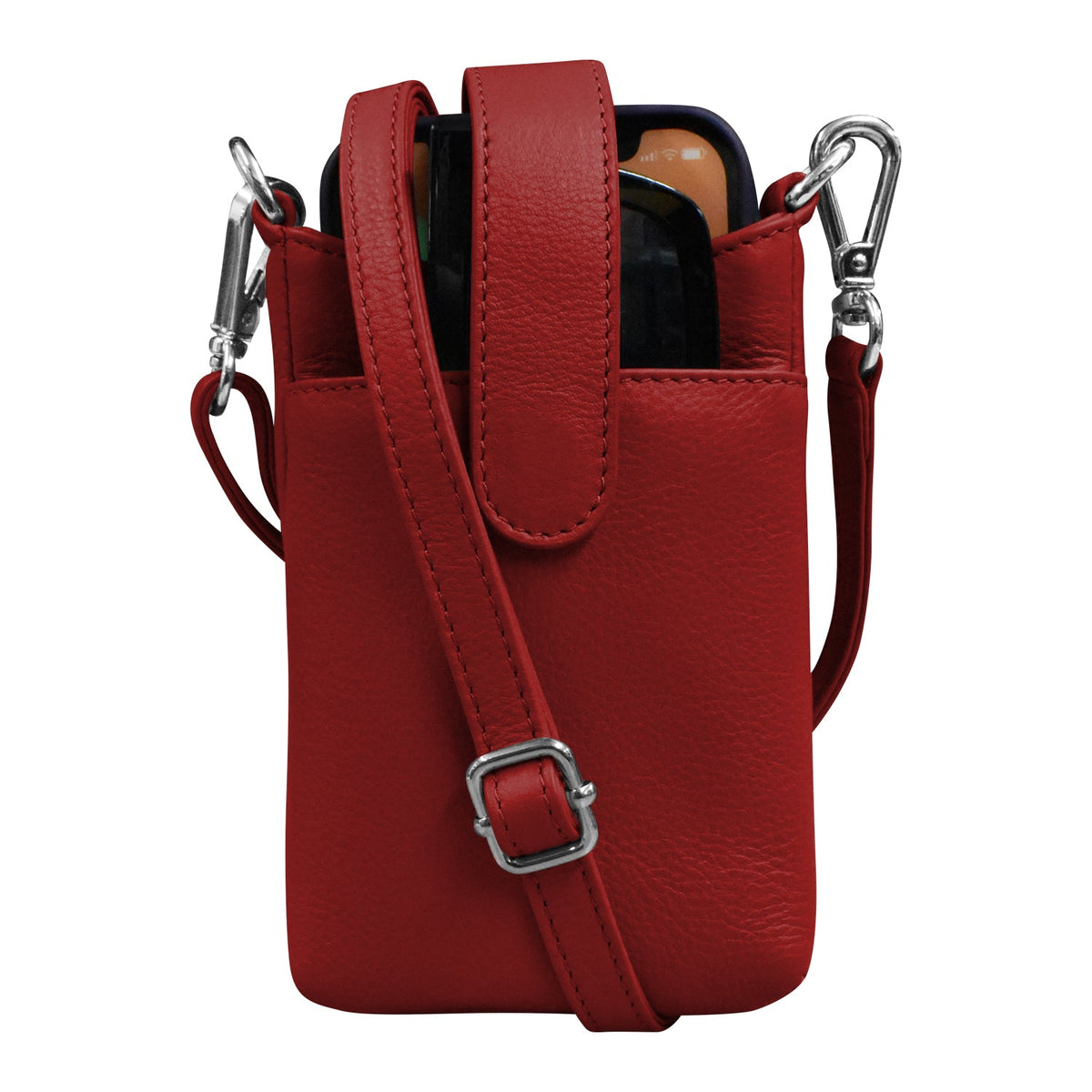 Red leather crossbody bag with silver buckle on a white background