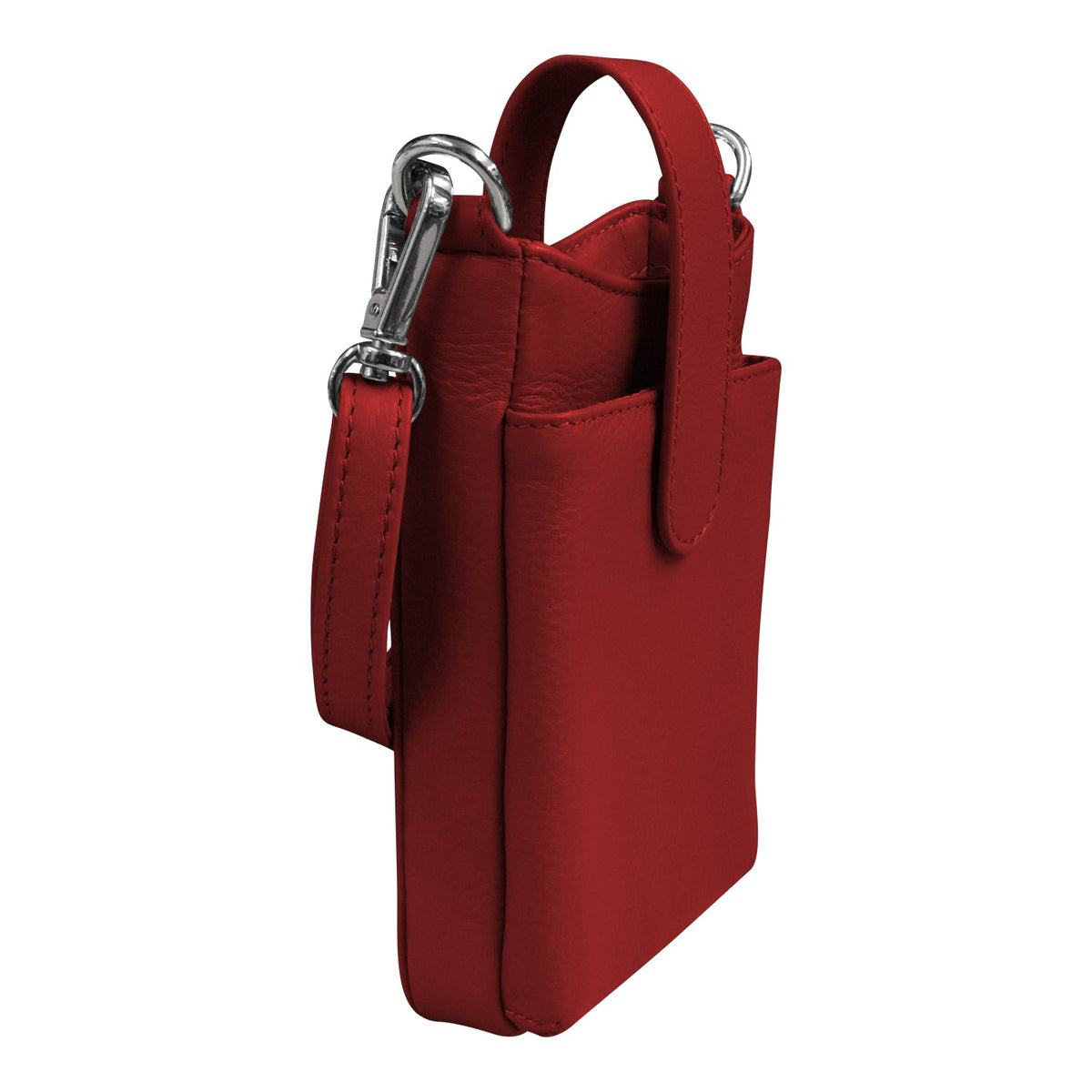 Red leather pouch with a strap on a white background