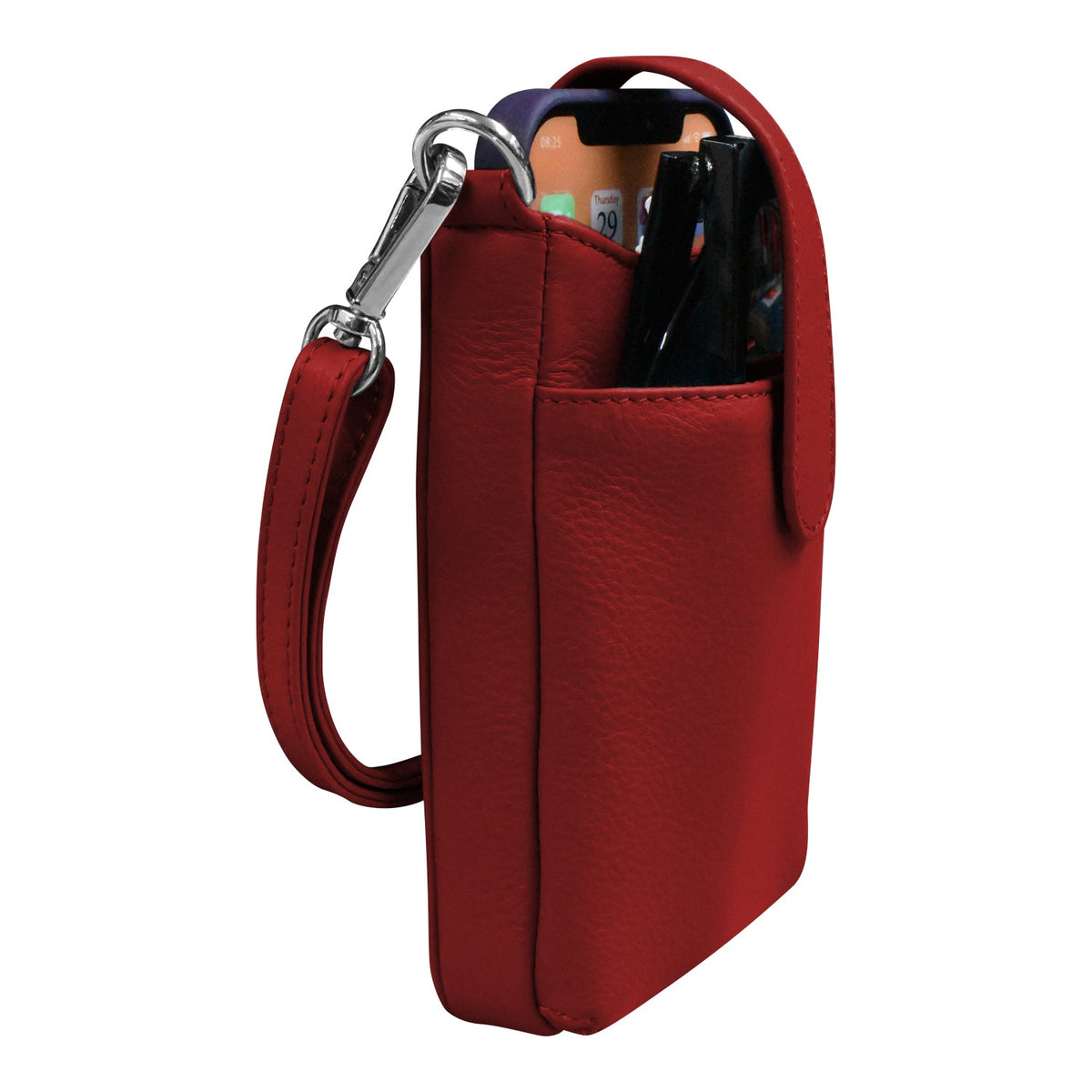 Red leather phone case with a strap on a white background