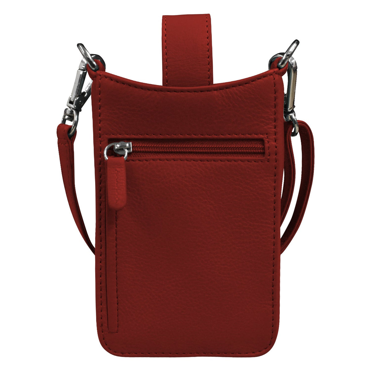 Red leather crossbody bag with a strap on a white background