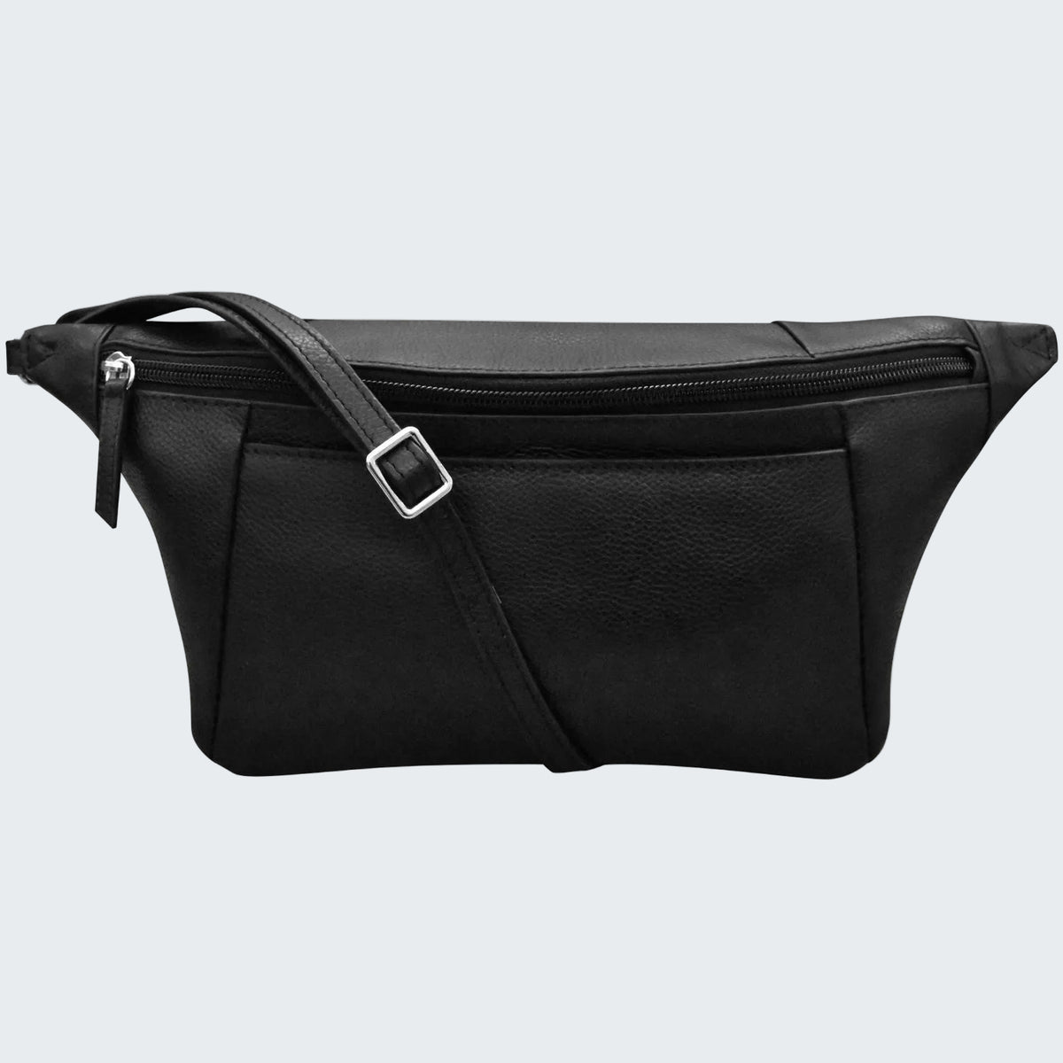 Black waist bag with a strap on a white background