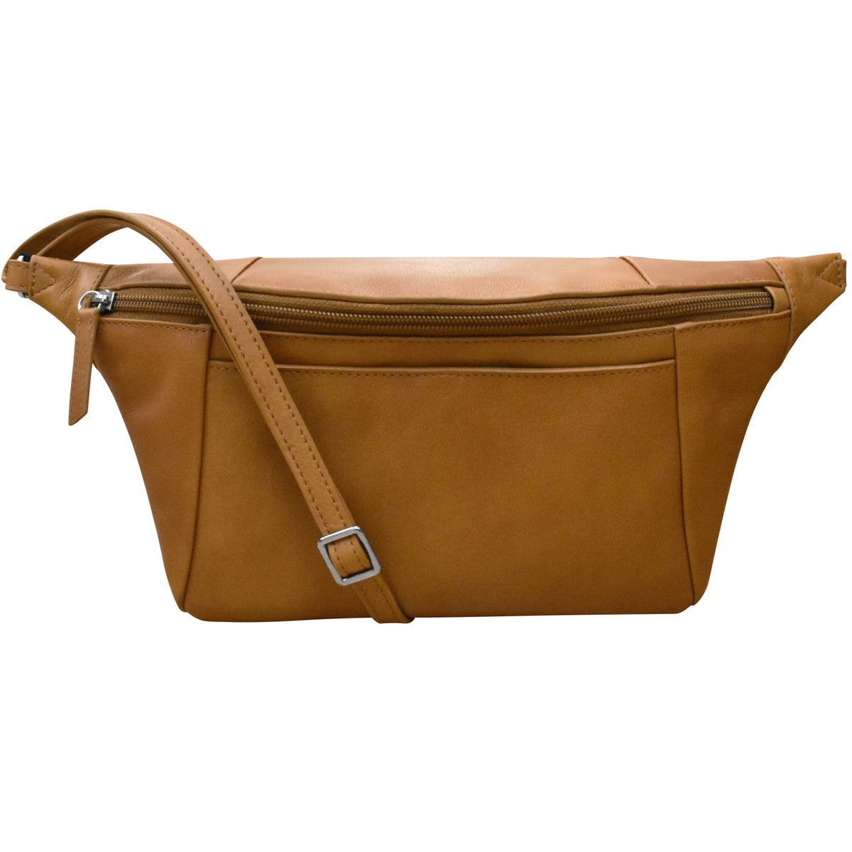 Brown leather waist bag with a strap on a white background