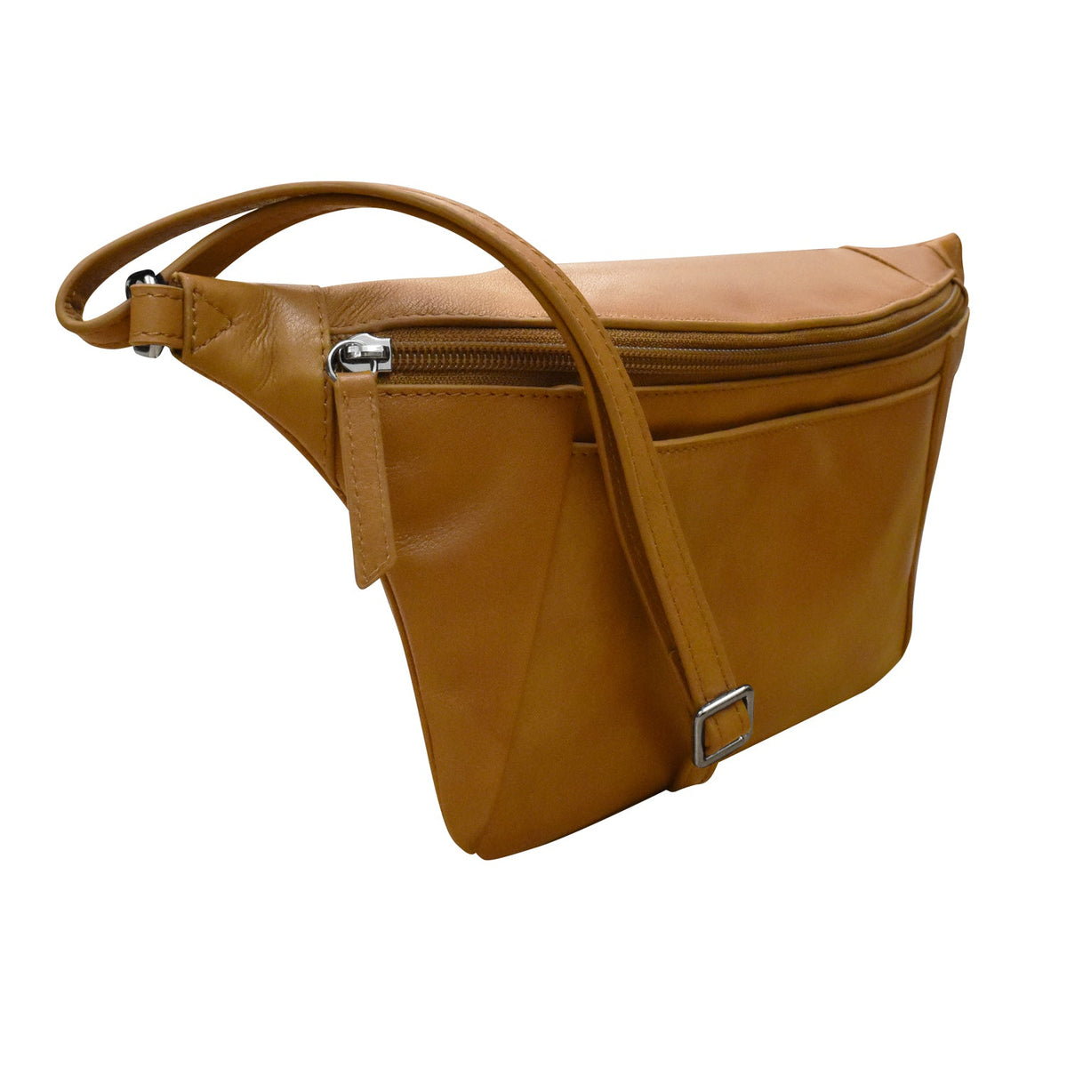 Brown leather waist bag with a strap on a white background